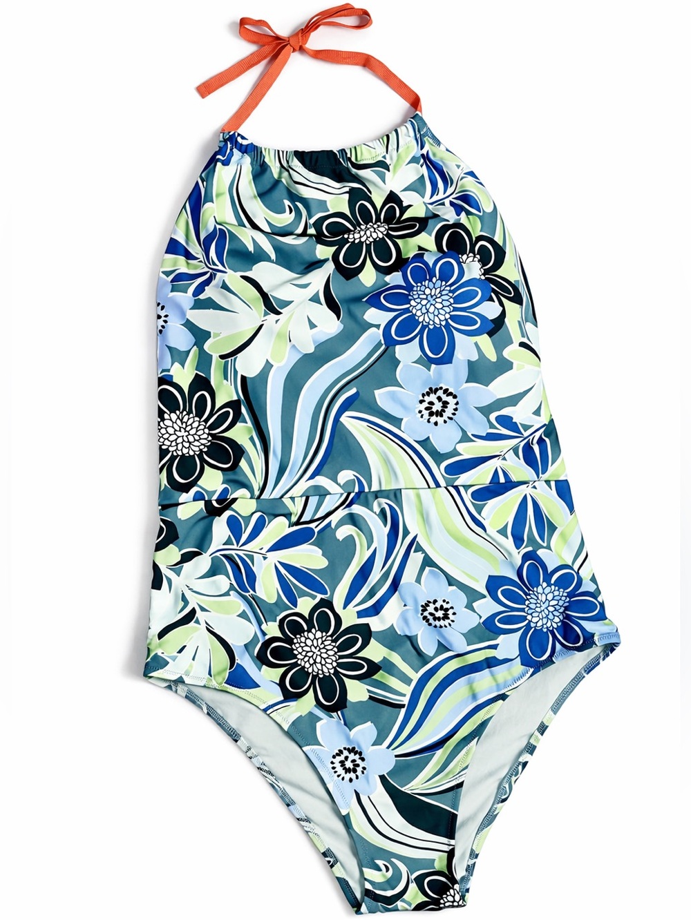 Aerie Retro Floral Halter One‑Piece Swimsuit Blue‑Green + Orange Tie Women’s XL
